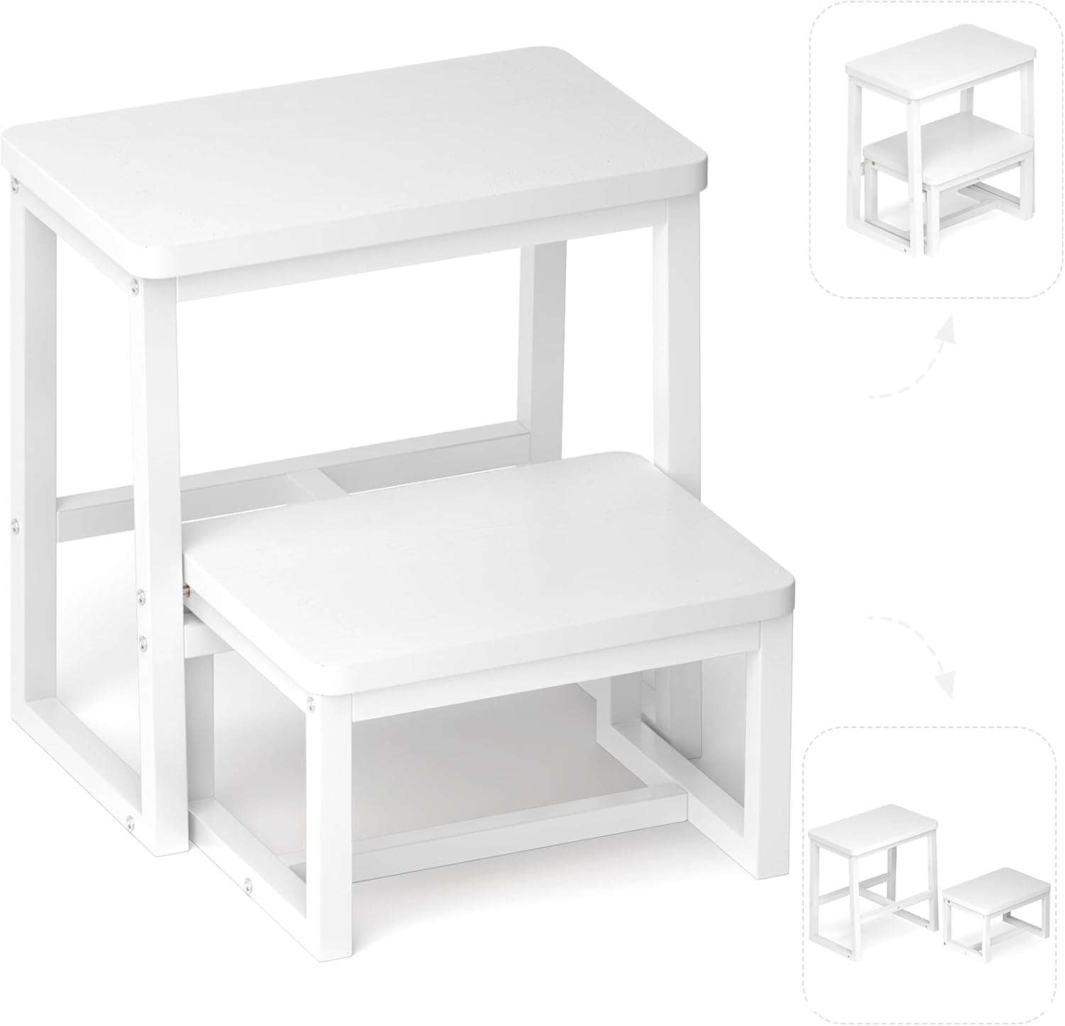 Step Stool for Adults & Kids,Holds up to 500Lb,3 in1 Heavy Duty Sturdy Wooden 2 Stepstool for Kichen/Bathroom/High beds, Metal Frame, Non-Slip Pads