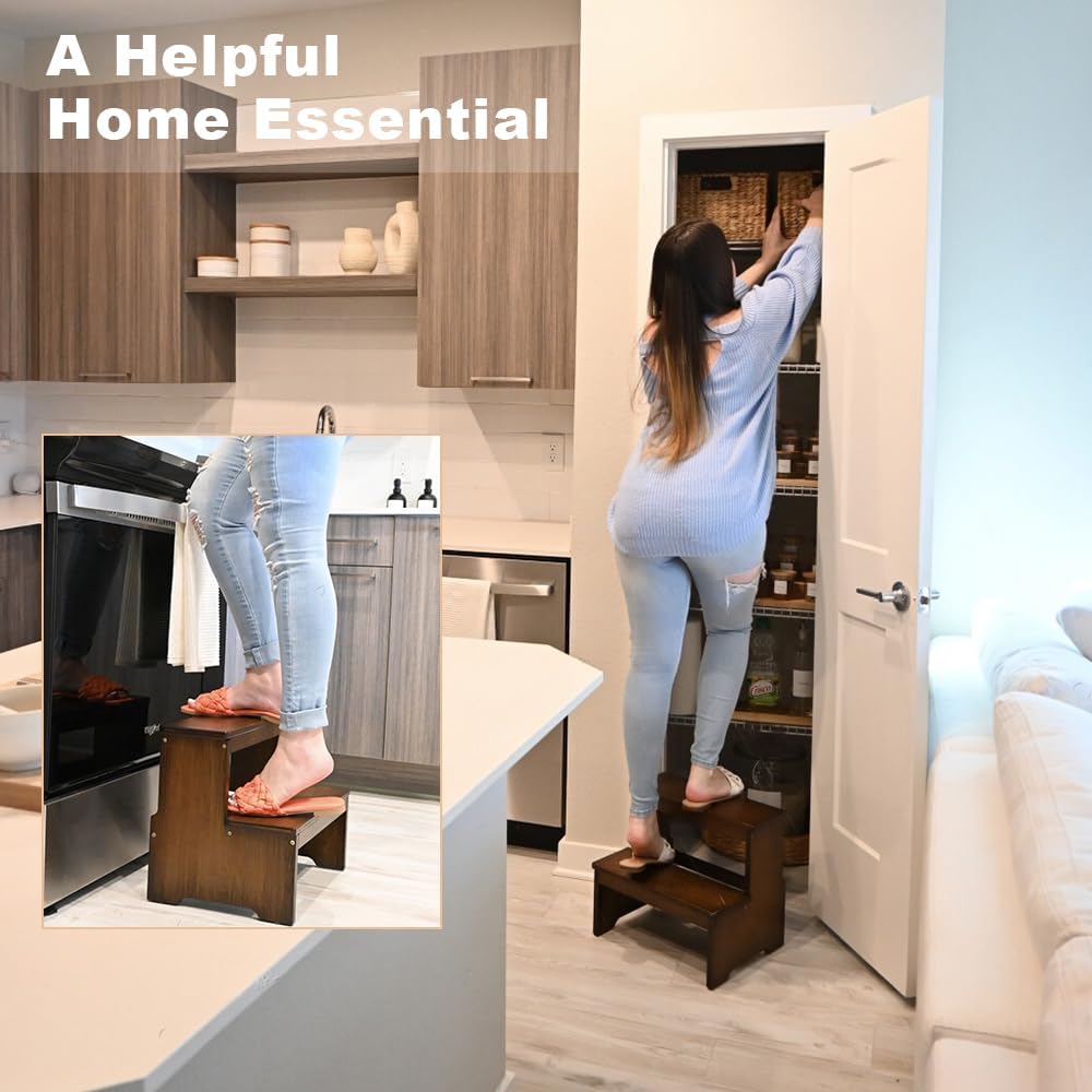 StrongTek Bamboo Two Step Stool for Adults and Kids, Bed Stepstool with Anti-Slip Bottom, Heavy Duty for Kitchen, Bathroom, Bedside Step Stool, Wooden Step Stairs 350 lbs Capacity