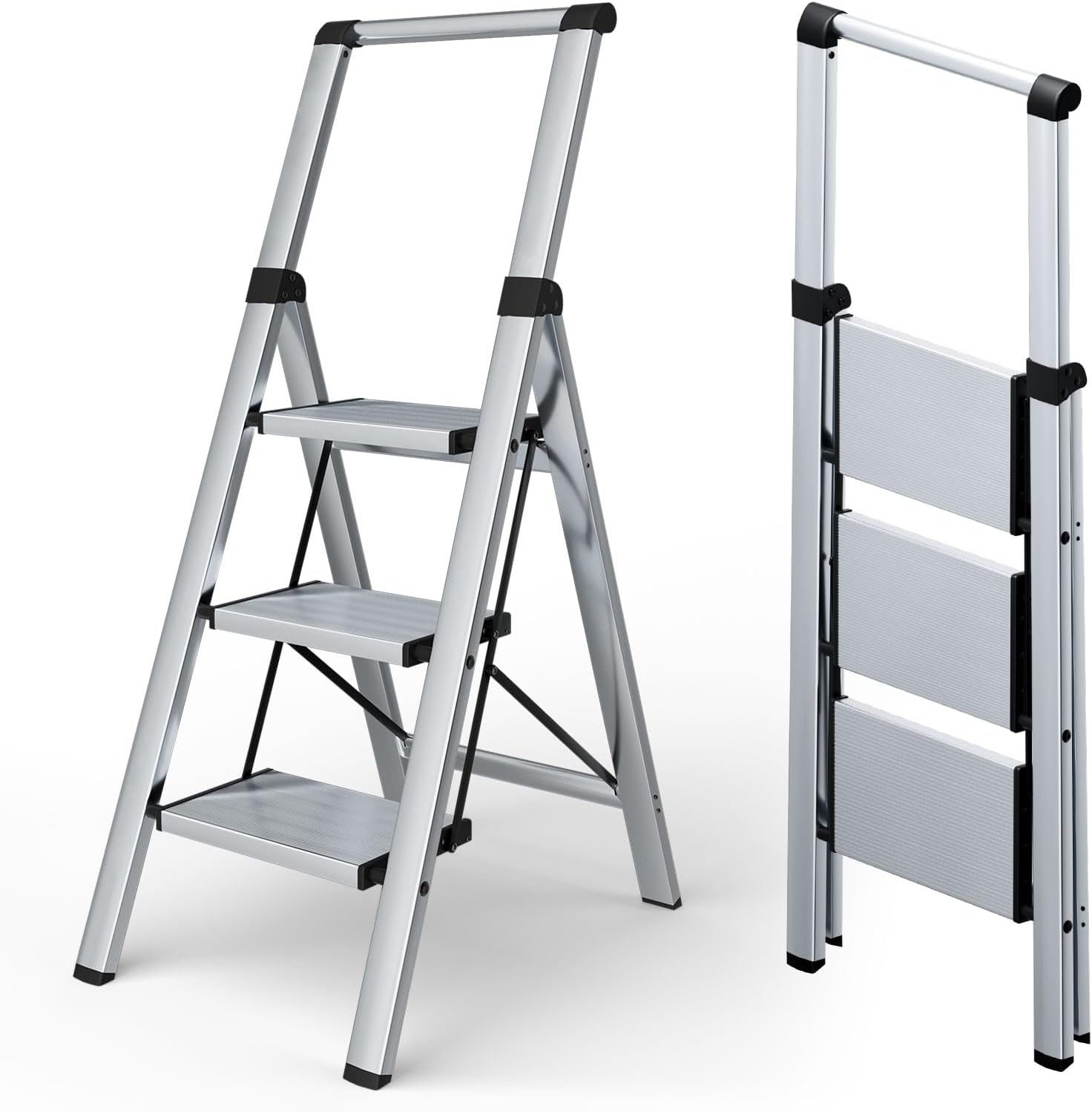 Taranta 2 Step Ladder,Aluminum Lightweight Folding 2 Step Stool with Anti-Slip Wide Pedal, 330lbs Capacity Step Ladder for Household,Kitchen,Office - BlackWoodgrain
