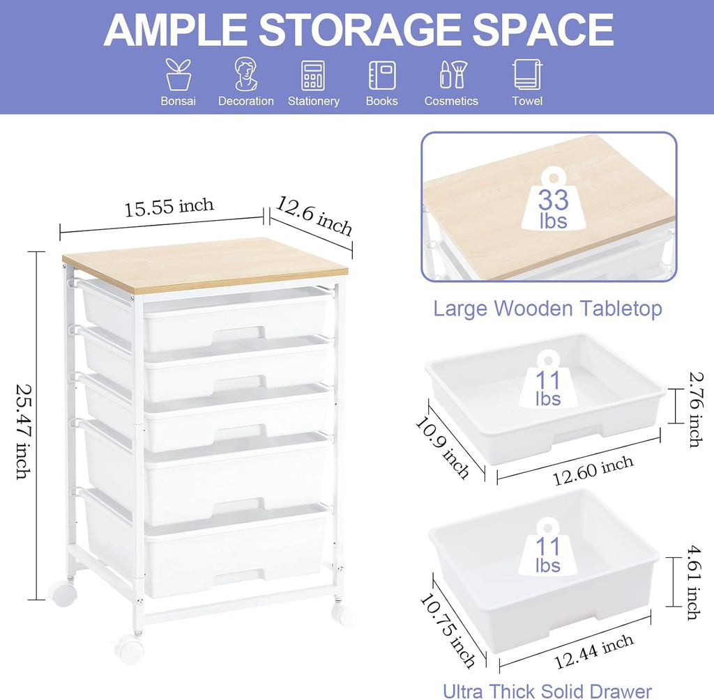 Utility Cart with 5 Drawers,Storage Drawer Cart with Wooden Tabletop and Lockable Wheels,Craft Storage Trolley Cart,5-Tier Rolling Utility Cart on Wheels,Bright White