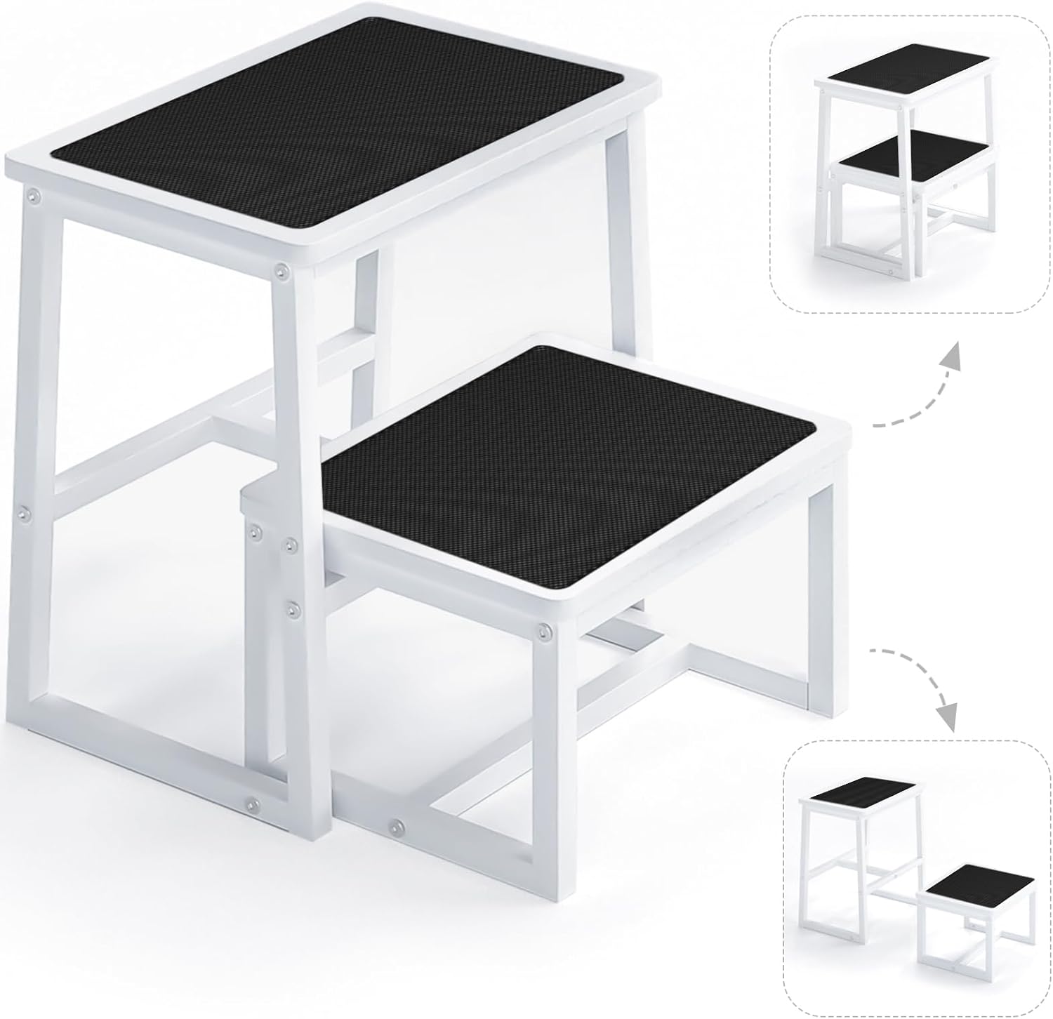 Step Stool for Adults & Kids,Holds up to 500Lb,3 in1 Heavy Duty Sturdy Wooden 2 Stepstool for Kichen/Bathroom/High beds, Metal Frame, Non-Slip Pads