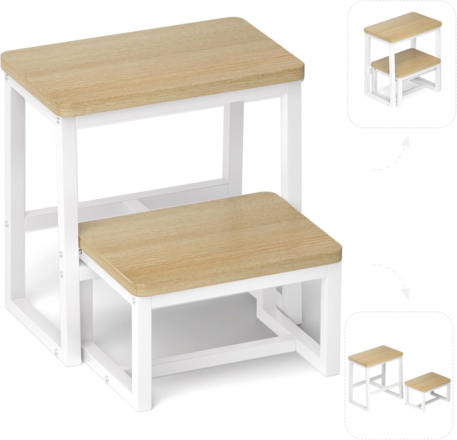 Step Stool for Adults & Kids,Holds up to 500Lb,3 in1 Heavy Duty Sturdy Wooden 2 Stepstool for Kichen/Bathroom/High beds, Metal Frame, Non-Slip Pads