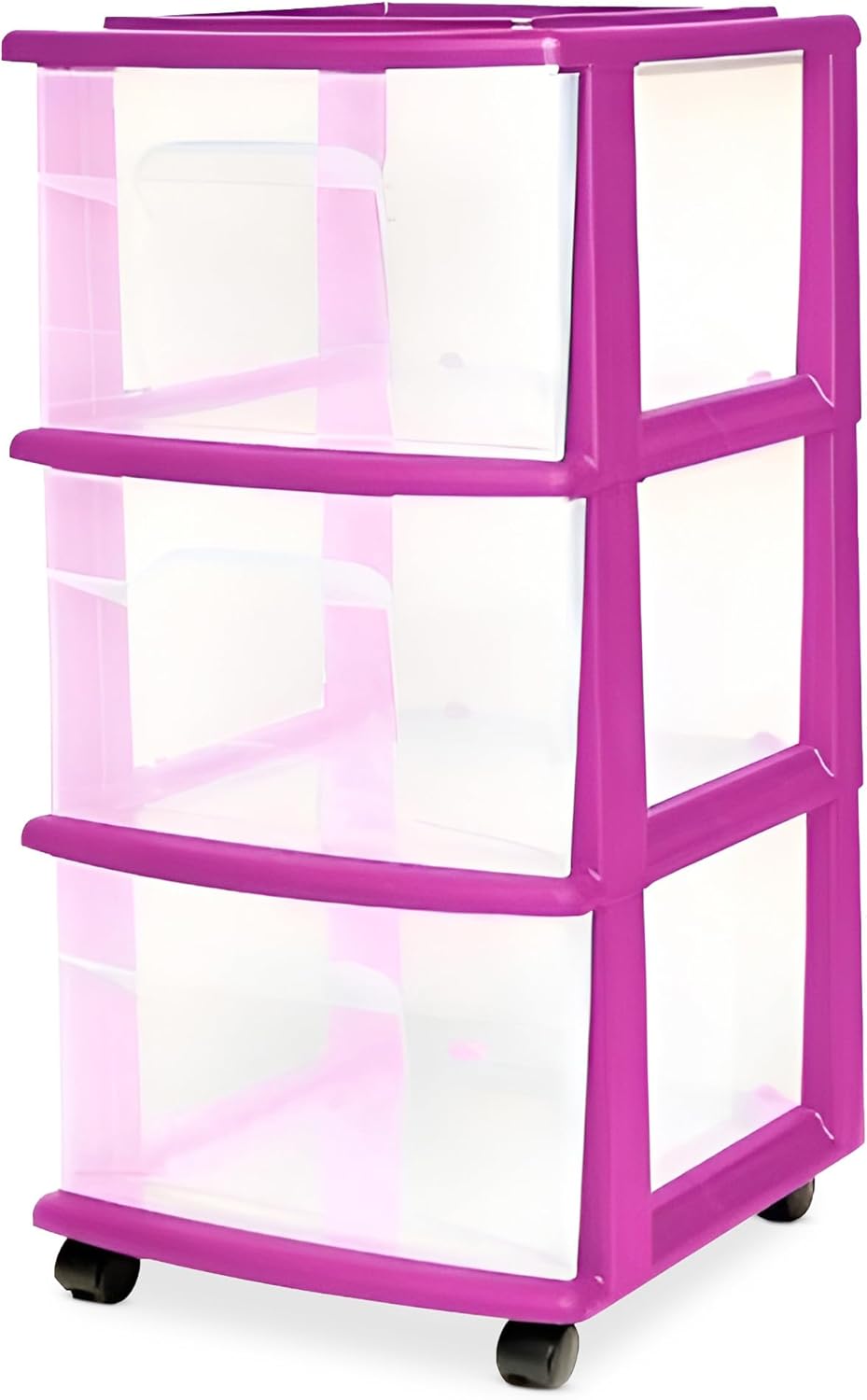 HOMZ Drawer Tower, 3-Tier Clear Plastic Storage Organizer Cart, Black Frame – Organizing Containers with Wheels for Home, Bathroom, Bedroom, Office, and Classroom