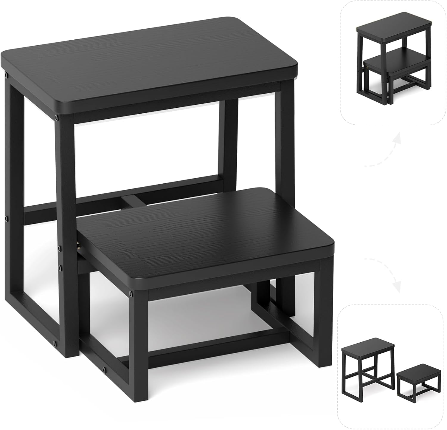 Step Stool for Adults & Kids,Holds up to 500Lb,3 in1 Heavy Duty Sturdy Wooden 2 Stepstool for Kichen/Bathroom/High beds, Metal Frame, Non-Slip Pads