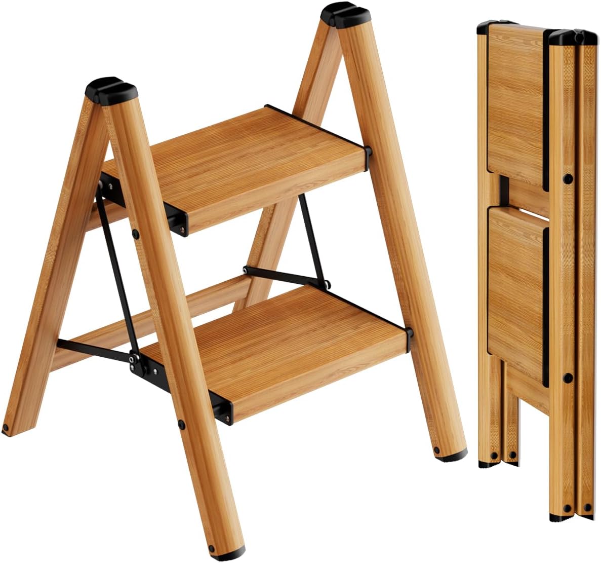 3 Step Ladder, Folding Step Stool with Anti-Slip Wide Sturdy Pedal, Multi-Use for Home and Kitchen Use, Space Saving-Woodgrain(300 lbs Capacity)