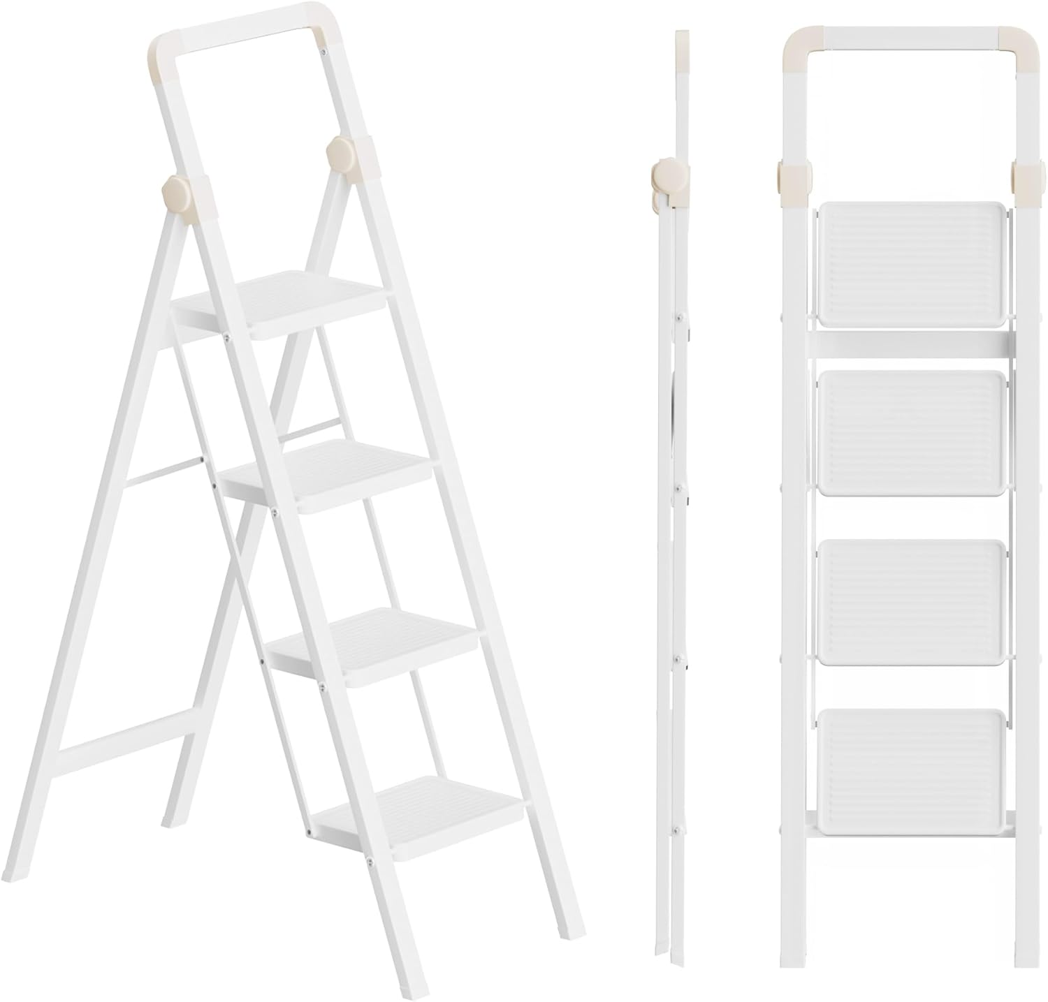 3 Step Ladder, Folding Step Stool with Anti-Slip Wide Sturdy Pedal, Multi-Use for Home and Kitchen Use, Space Saving-Woodgrain(300 lbs Capacity)