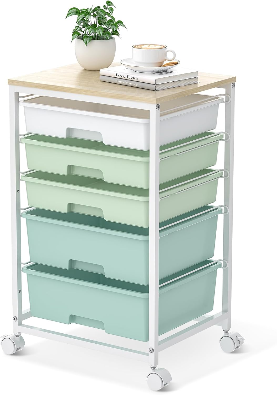 Utility Cart with 5 Drawers,Storage Drawer Cart with Wooden Tabletop and Lockable Wheels,Craft Storage Trolley Cart,5-Tier Rolling Utility Cart on Wheels,Bright White