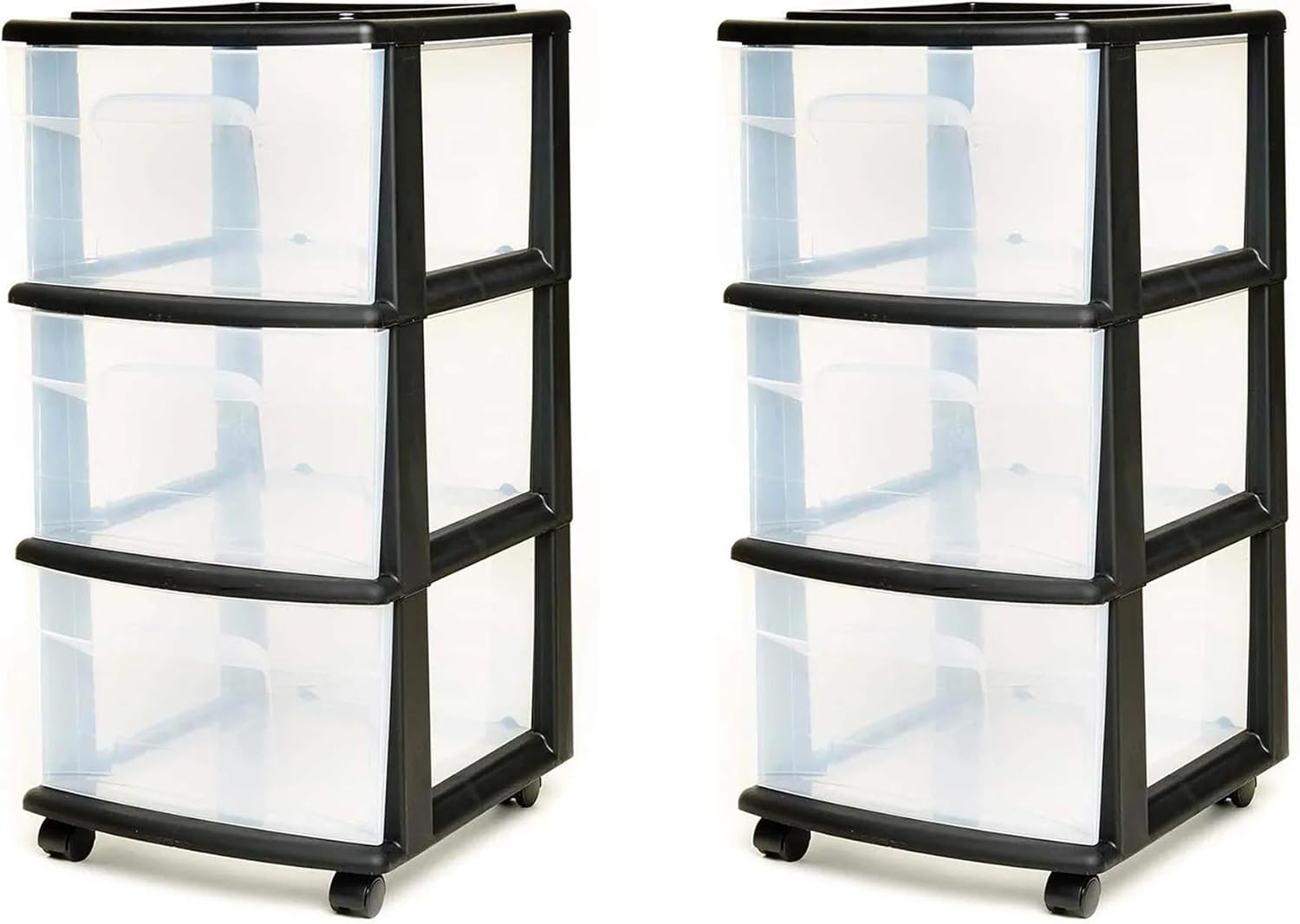 HOMZ Drawer Tower, 3-Tier Clear Plastic Storage Organizer Cart, Black Frame – Organizing Containers with Wheels for Home, Bathroom, Bedroom, Office, and Classroom
