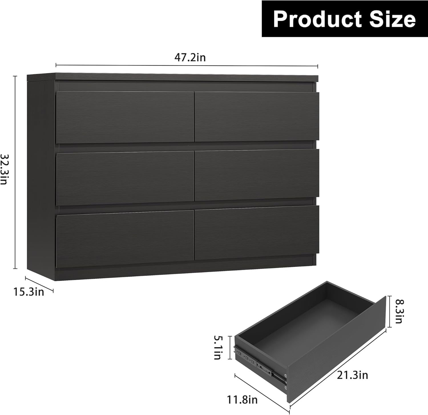Modern Black 6 Drawer Dresser - Simply Chest of Drawers for Bedroom, Closet, Living Room, Hallway, Entryway, Wood Storage Double Dresser with Smooth Metal Rails - Black
