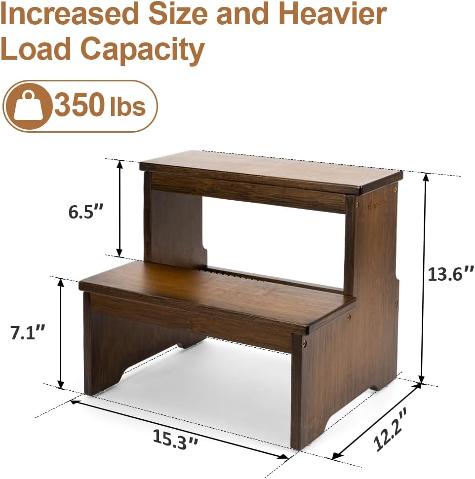 StrongTek Bamboo Two Step Stool for Adults and Kids, Bed Stepstool with Anti-Slip Bottom, Heavy Duty for Kitchen, Bathroom, Bedside Step Stool, Wooden Step Stairs 350 lbs Capacity