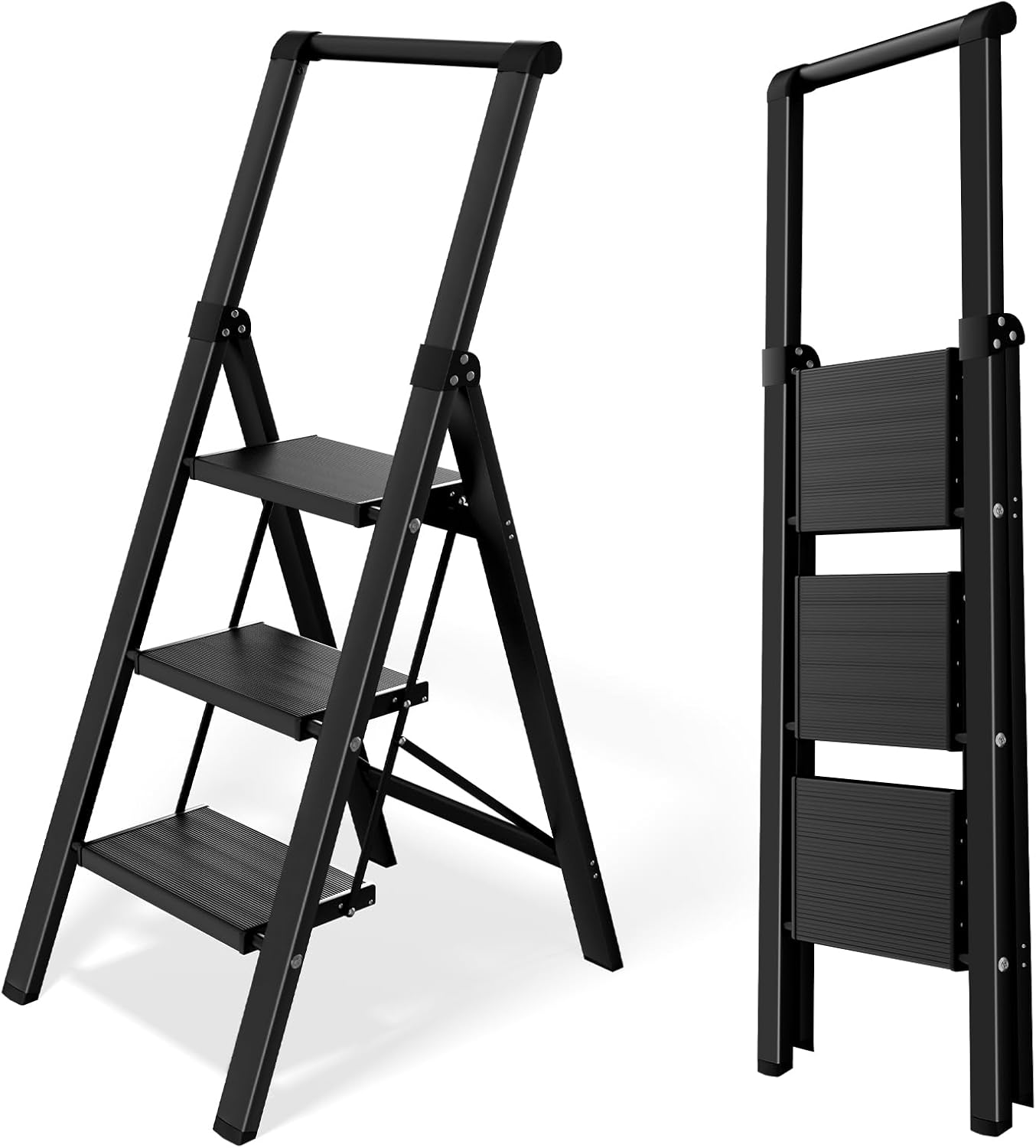 Taranta 2 Step Ladder,Aluminum Lightweight Folding 2 Step Stool with Anti-Slip Wide Pedal, 330lbs Capacity Step Ladder for Household,Kitchen,Office - BlackWoodgrain