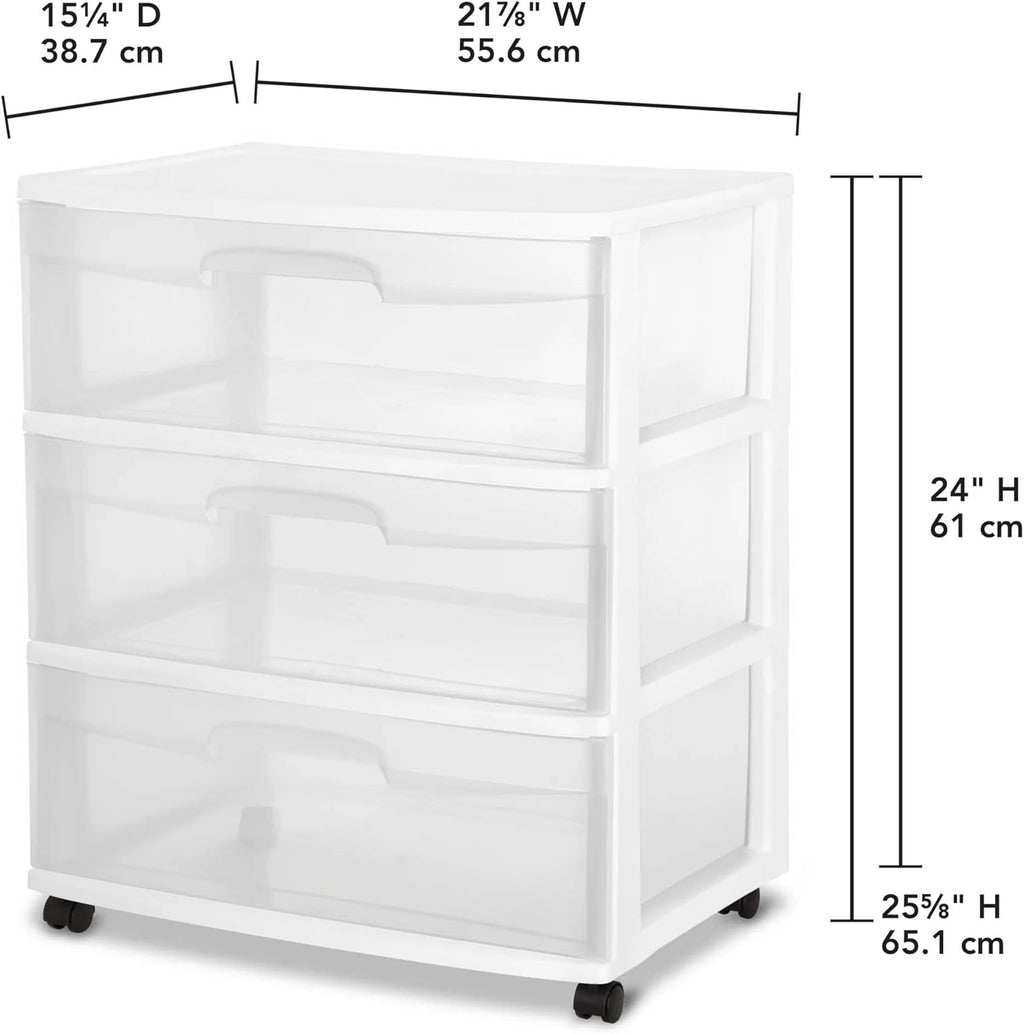 Plastic Storage Drawer Cart, Medium Home Organization Storage Container with 3 Large Clear Drawers With Wheels (White)