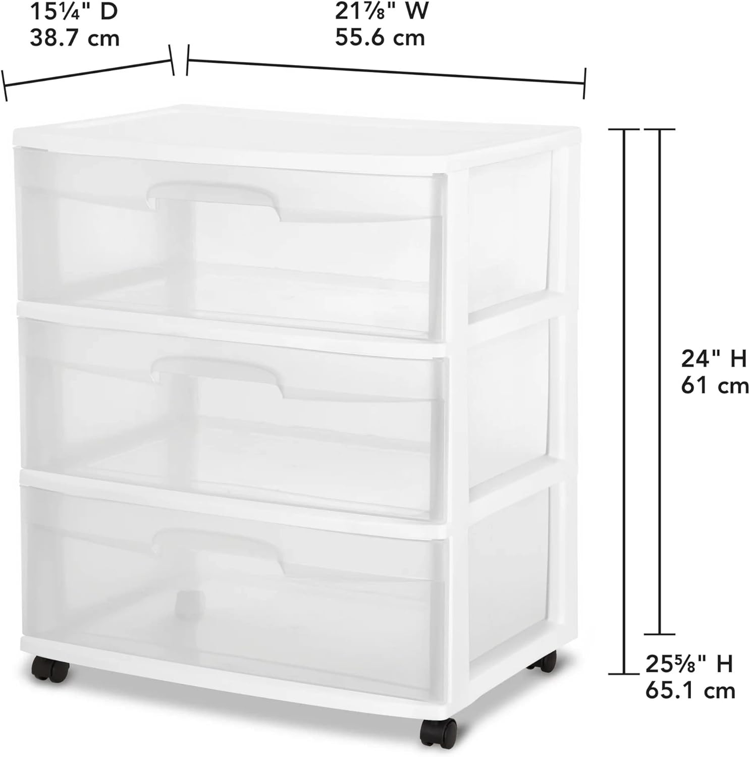 Plastic Storage Drawer Cart, Medium Home Organization Storage Container with 3 Large Clear Drawers With Wheels (White)
