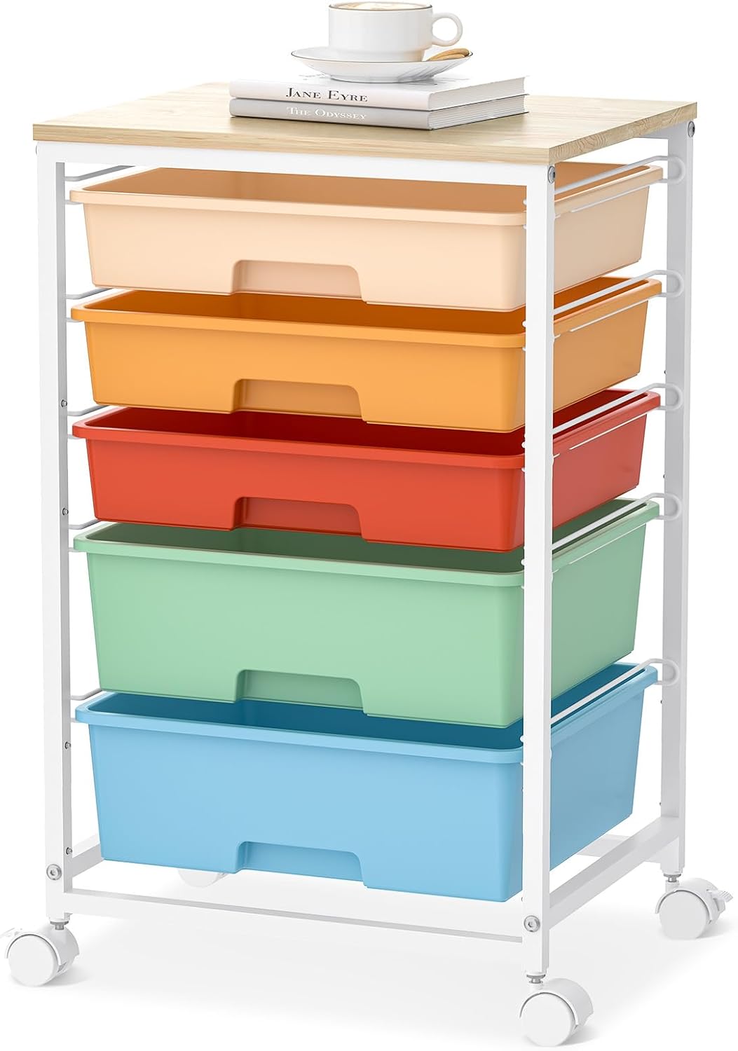 Utility Cart with 5 Drawers,Storage Drawer Cart with Wooden Tabletop and Lockable Wheels,Craft Storage Trolley Cart,5-Tier Rolling Utility Cart on Wheels,Bright White