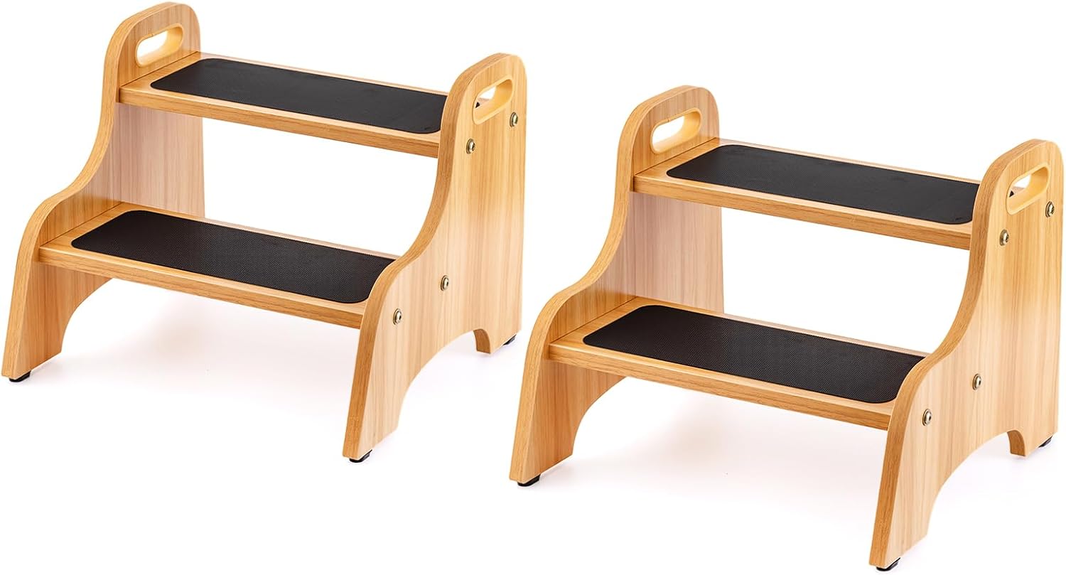 StrongTek Wooden 2 Step Stools for Kids, Safe Non-Slip Surface with Handles, 350 lbs Capacity, Portable Toddler Stepping Stool for Bathroom Kitchen and Bedroom (Natural)
