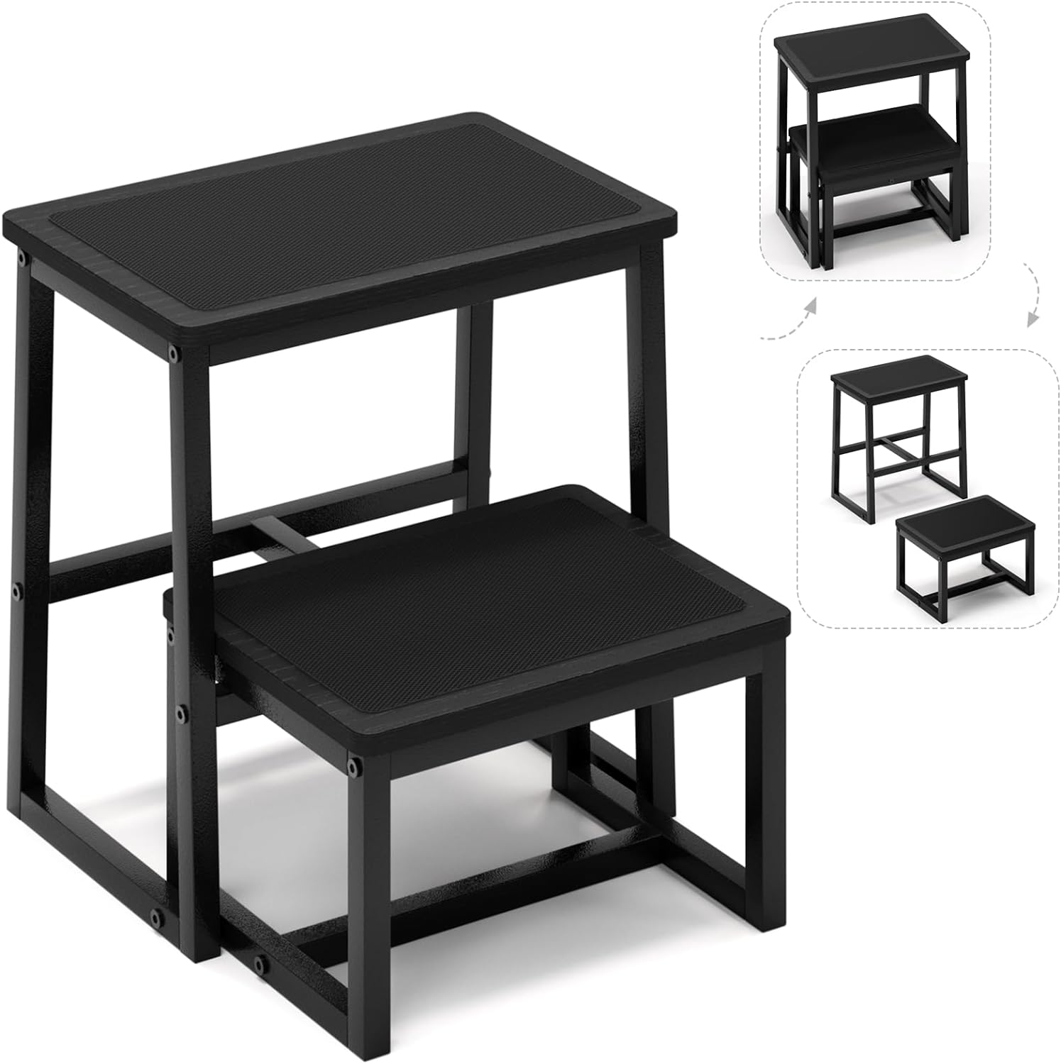 Step Stool for Adults & Kids,Holds up to 500Lb,3 in1 Heavy Duty Sturdy Wooden 2 Stepstool for Kichen/Bathroom/High beds, Metal Frame, Non-Slip Pads