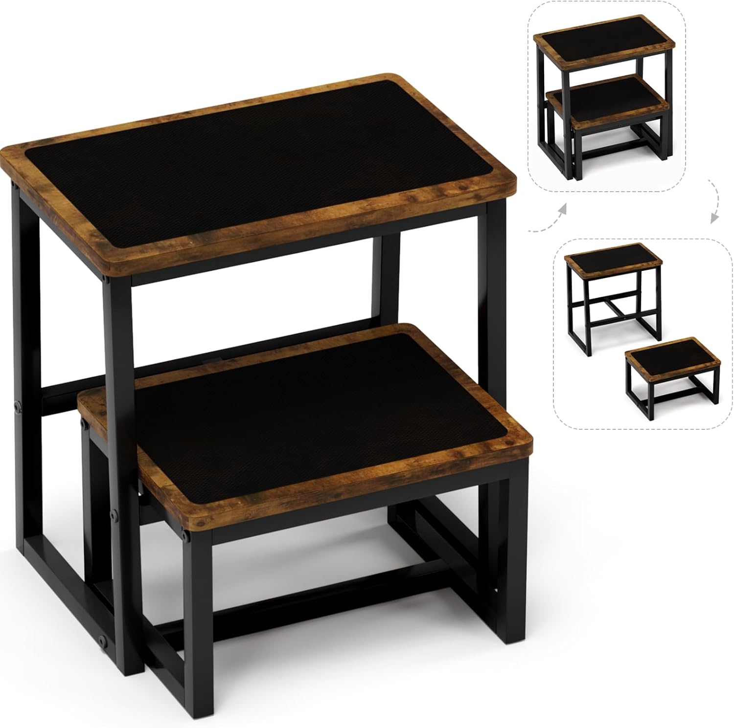 Step Stool for Adults & Kids,Holds up to 500Lb,3 in1 Heavy Duty Sturdy Wooden 2 Stepstool for Kichen/Bathroom/High beds, Metal Frame, Non-Slip Pads