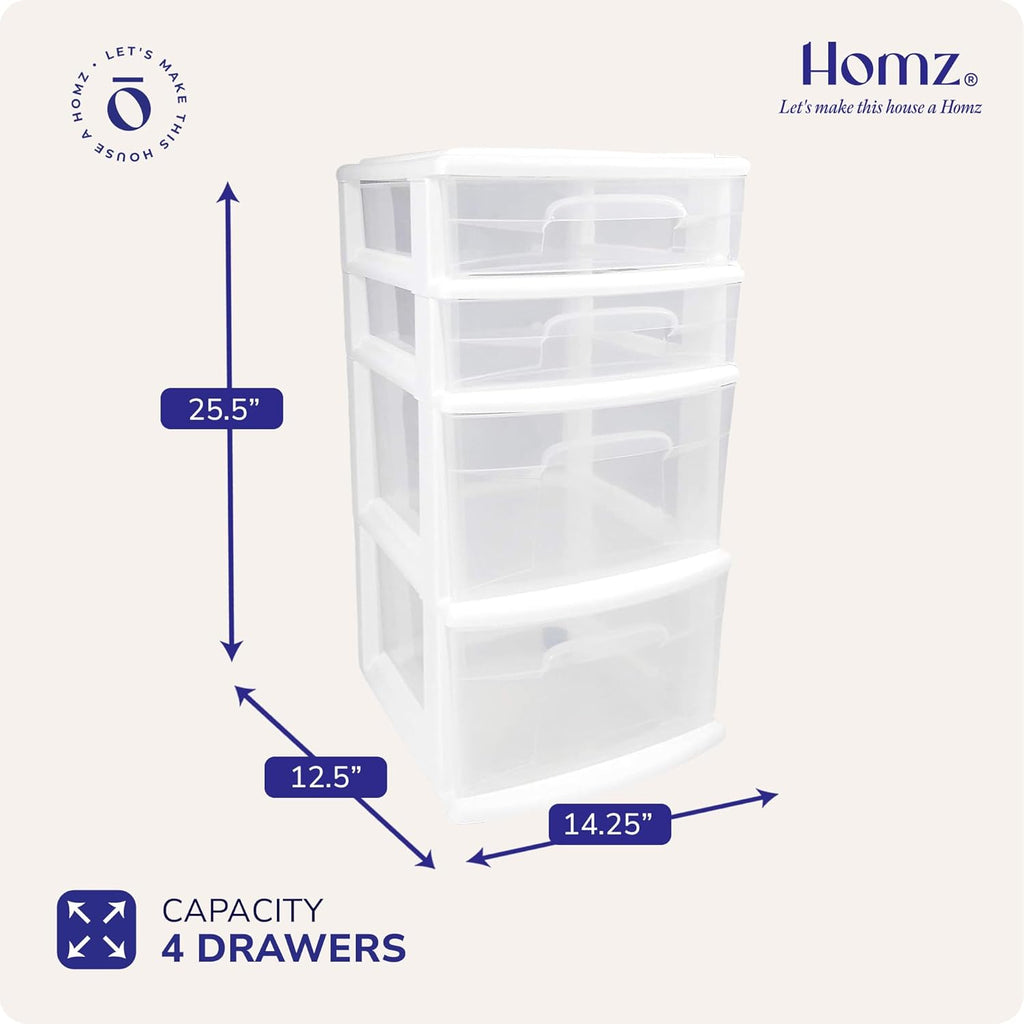 HOMZ Drawer Tower, 4-Tier Clear Plastic Storage Organizer Cart, White Frame – Rolling Containers with Wheels for Bathroom, Bedroom, Office, and Classroom Organization