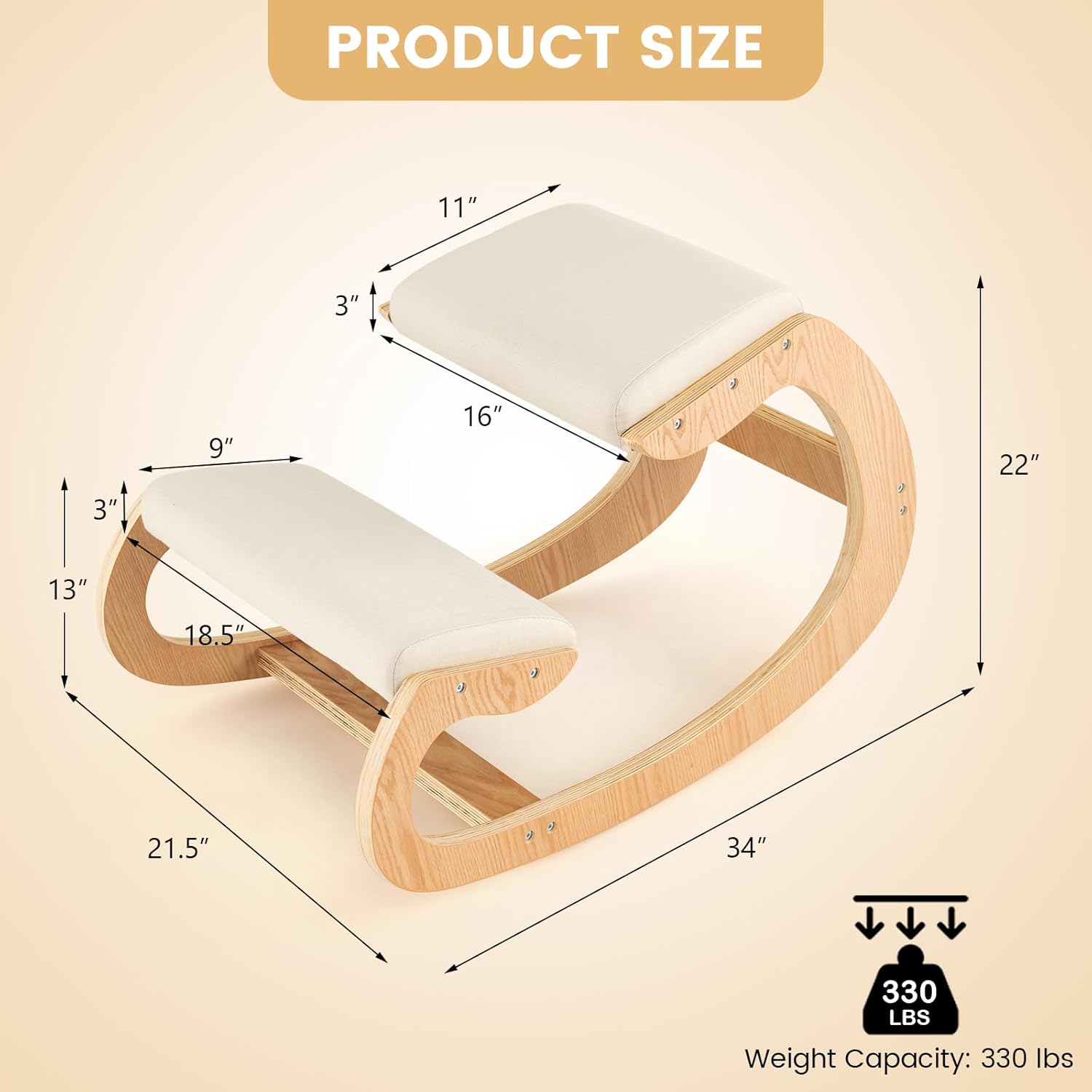 Giantex Ergonomic Kneeling Desk Chair, Rocking Knee Chair with Cushion & Solid Wood Frame, Natural Relief for Neck or Back Pain, Posture Chair for Desk, Home, Office, Max Load 330 Lbs (Beige)