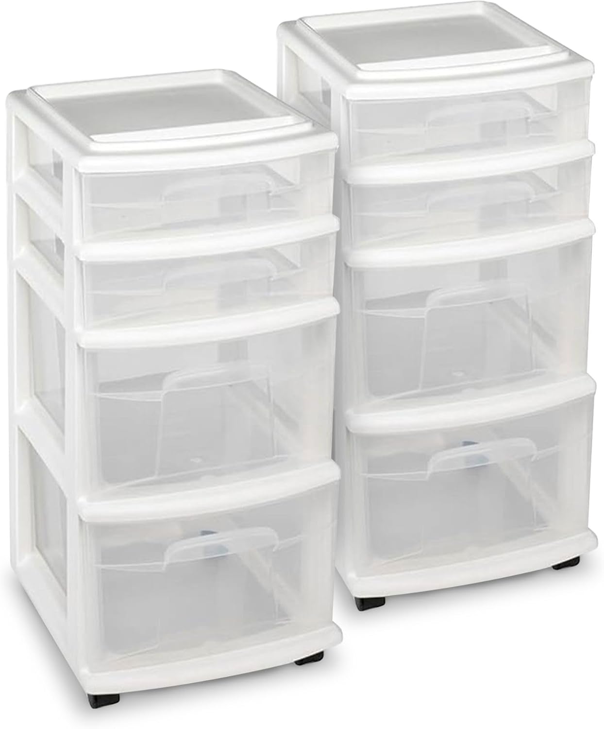 HOMZ Drawer Tower, 4-Tier Clear Plastic Storage Organizer Cart, White Frame – Rolling Containers with Wheels for Bathroom, Bedroom, Office, and Classroom Organization
