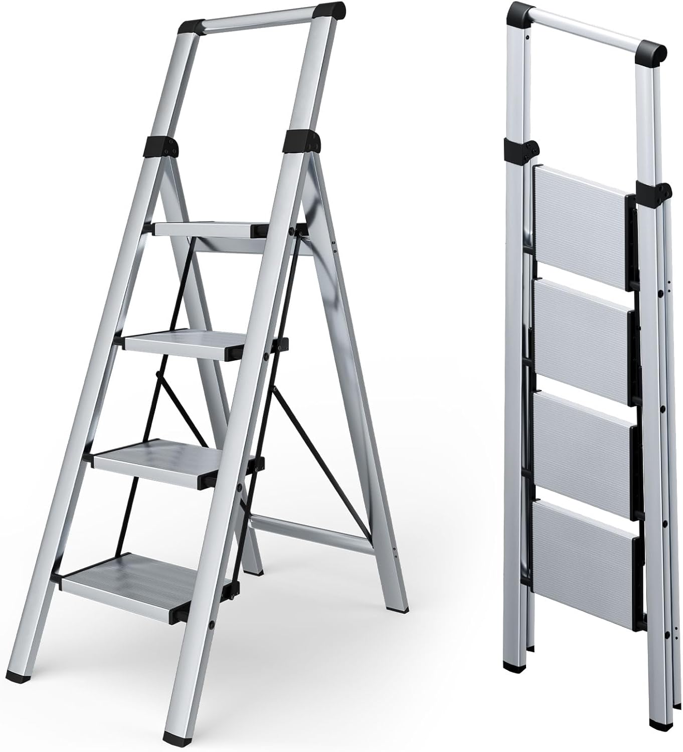 Taranta 2 Step Ladder,Aluminum Lightweight Folding 2 Step Stool with Anti-Slip Wide Pedal, 330lbs Capacity Step Ladder for Household,Kitchen,Office - BlackWoodgrain