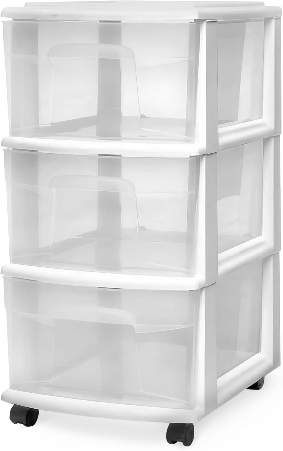 HOMZ Drawer Tower, 3-Tier Clear Plastic Storage Organizer Cart, Black Frame – Organizing Containers with Wheels for Home, Bathroom, Bedroom, Office, and Classroom