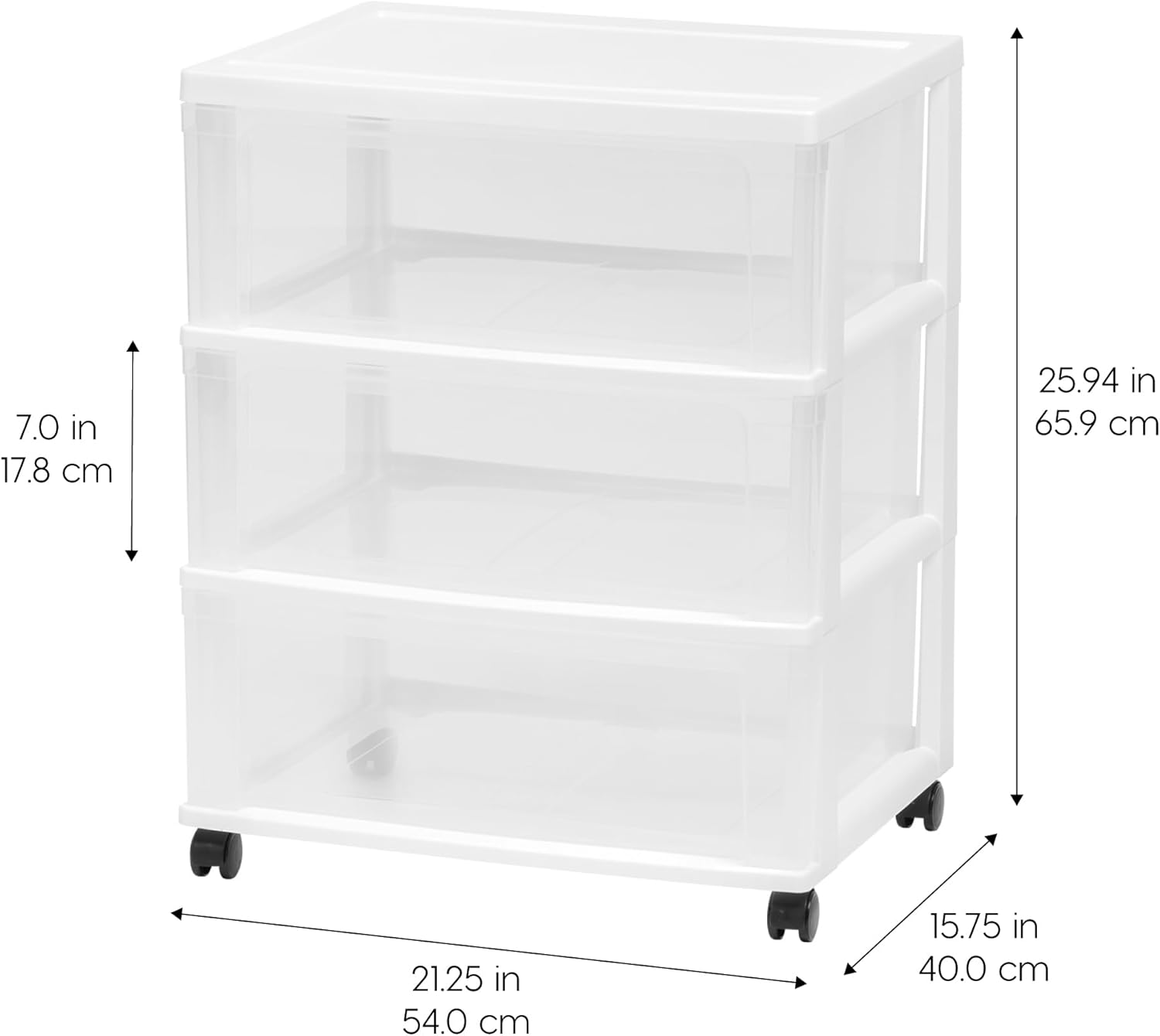 IRIS USA Plastic Drawer Storage Organizer Rolling Cart, with Wheels Casters, 3-Drawers, for Art Craft Supplies Bathroom Dorm Bedroom Laundry Room, Wide, White