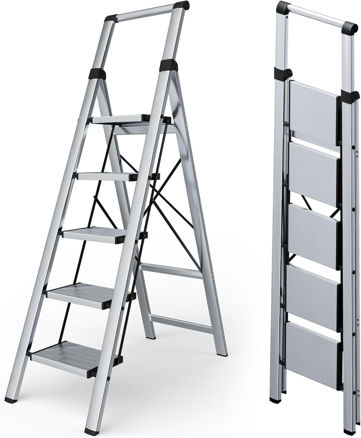 Taranta 2 Step Ladder,Aluminum Lightweight Folding 2 Step Stool with Anti-Slip Wide Pedal, 330lbs Capacity Step Ladder for Household,Kitchen,Office - BlackWoodgrain