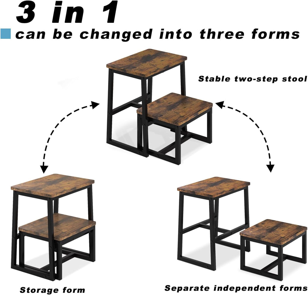 Step Stool for Adults & Kids,Holds up to 500Lb,3 in1 Heavy Duty Sturdy Wooden 2 Stepstool for Kichen/Bathroom/High beds, Metal Frame, Non-Slip Pads