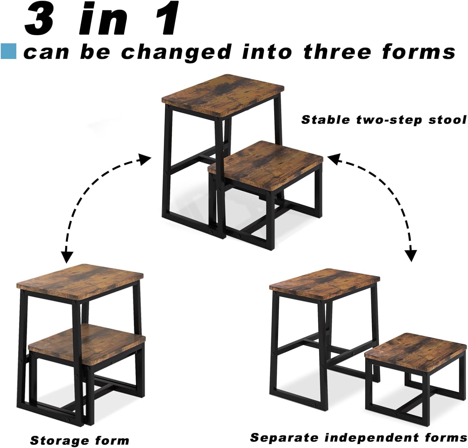 Step Stool for Adults & Kids,Holds up to 500Lb,3 in1 Heavy Duty Sturdy Wooden 2 Stepstool for Kichen/Bathroom/High beds, Metal Frame, Non-Slip Pads