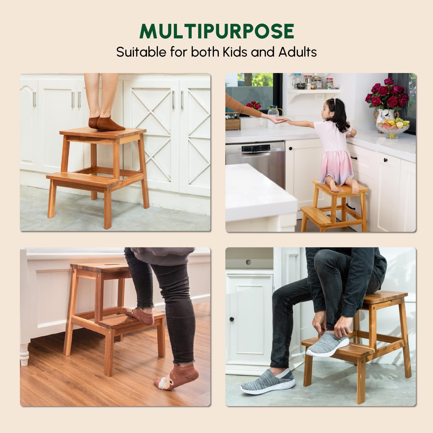 BEEFURNI 2 Step Wood Stool, Wooden Stepping Stools for Adults & Kids 350 lbs, Kids Stepping Chair, Bathroom, Bedroom Bench, Closet Climbing Chair, Easy to Assemble, 1 Year Manufacturer Warranty