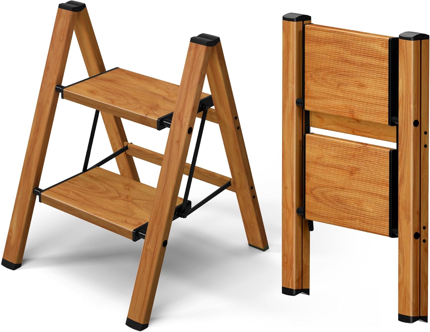 Taranta 2 Step Ladder,Aluminum Lightweight Folding 2 Step Stool with Anti-Slip Wide Pedal, 330lbs Capacity Step Ladder for Household,Kitchen,Office - BlackWoodgrain