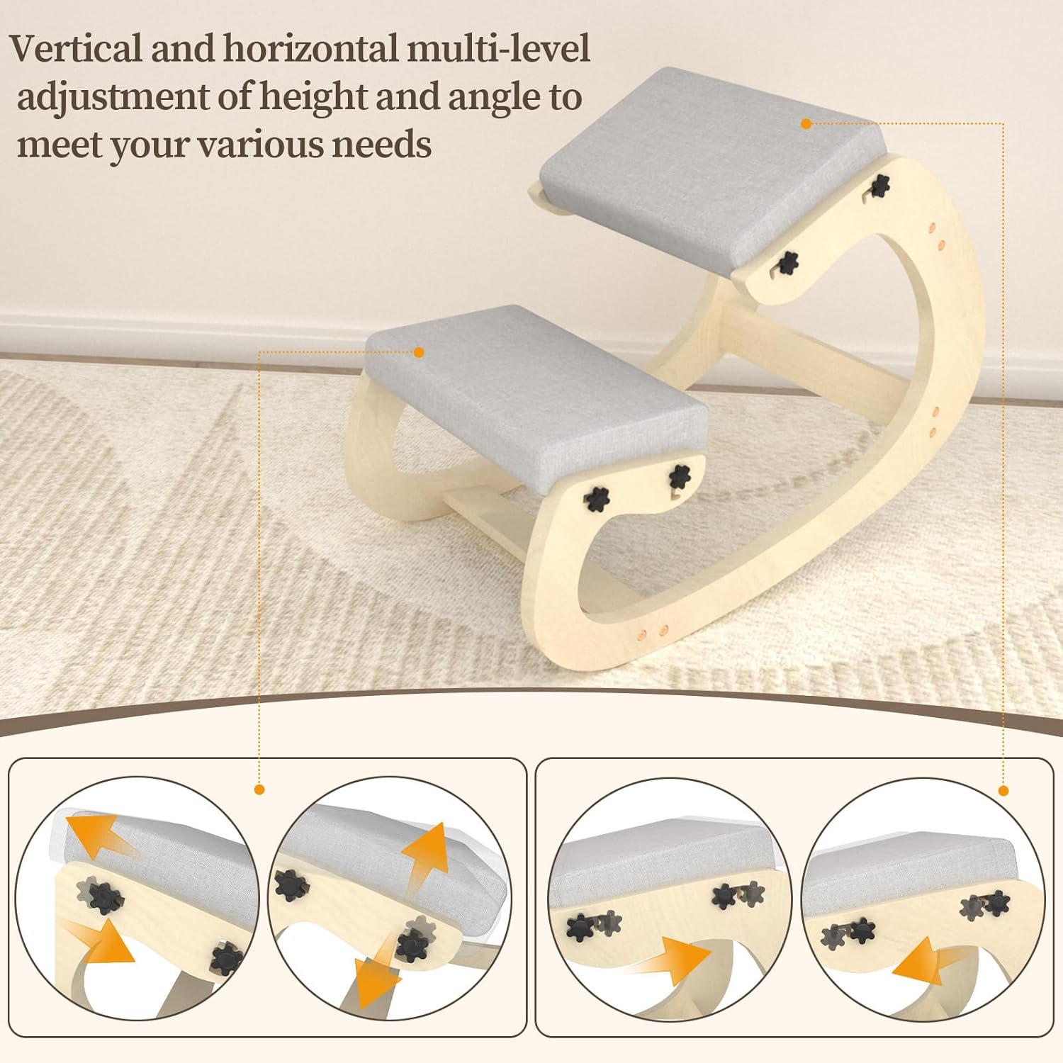 Ergonomic Kneeling Chair with Rocking Wooden Base – Adjustable Height Posture Chair, Thick Cushion & Soft Kneepad for Back & Neck Pain Relief, Ideal for Home Office