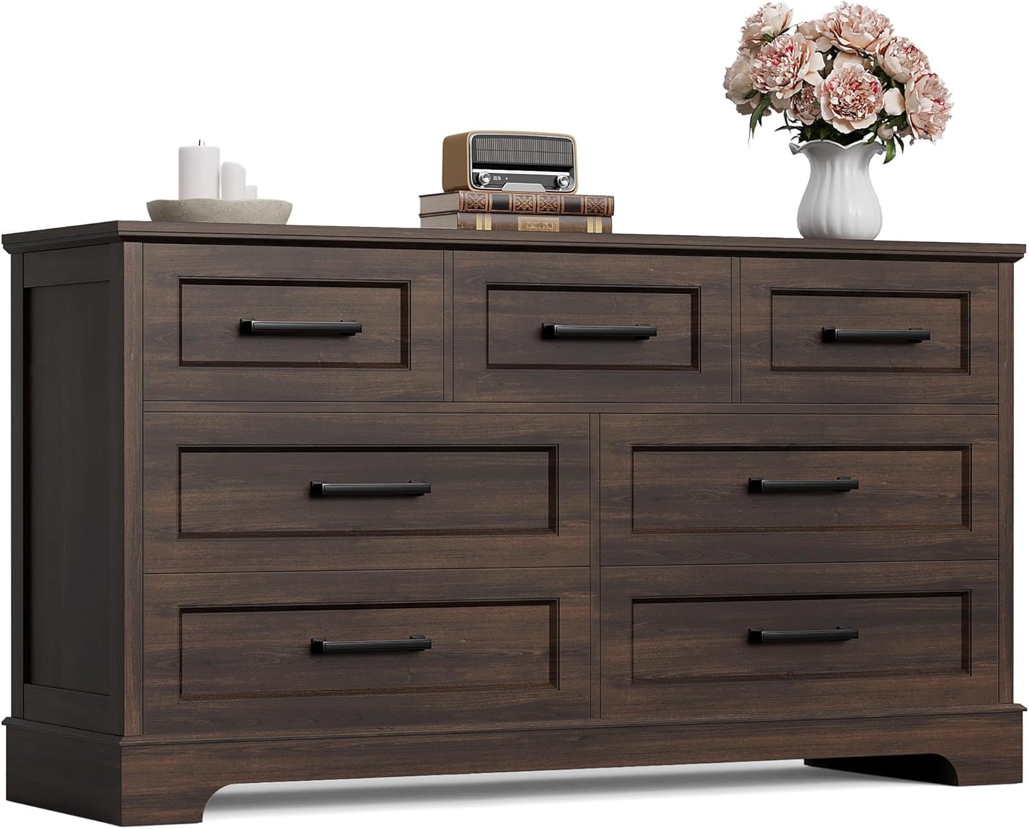 Furmax Farmhouse Dresser for Bedroom, 7 Drawers Dresser, Wood Chest of Drawers, 52" Wide Storage Dressers Organizer for Bedroom, Living Room, White and Brown