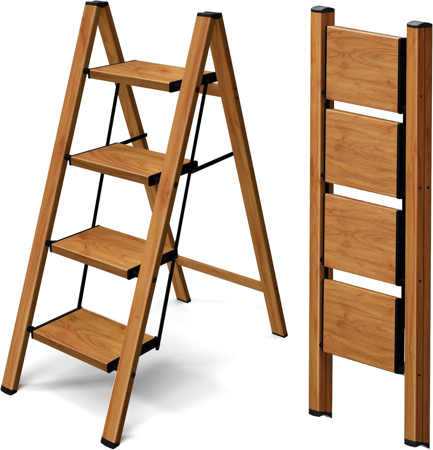 Taranta 2 Step Ladder,Aluminum Lightweight Folding 2 Step Stool with Anti-Slip Wide Pedal, 330lbs Capacity Step Ladder for Household,Kitchen,Office - BlackWoodgrain