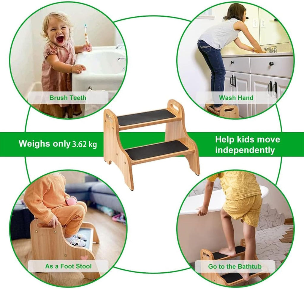 StrongTek Wooden 2 Step Stools for Kids, Safe Non-Slip Surface with Handles, 350 lbs Capacity, Portable Toddler Stepping Stool for Bathroom Kitchen and Bedroom (Natural)