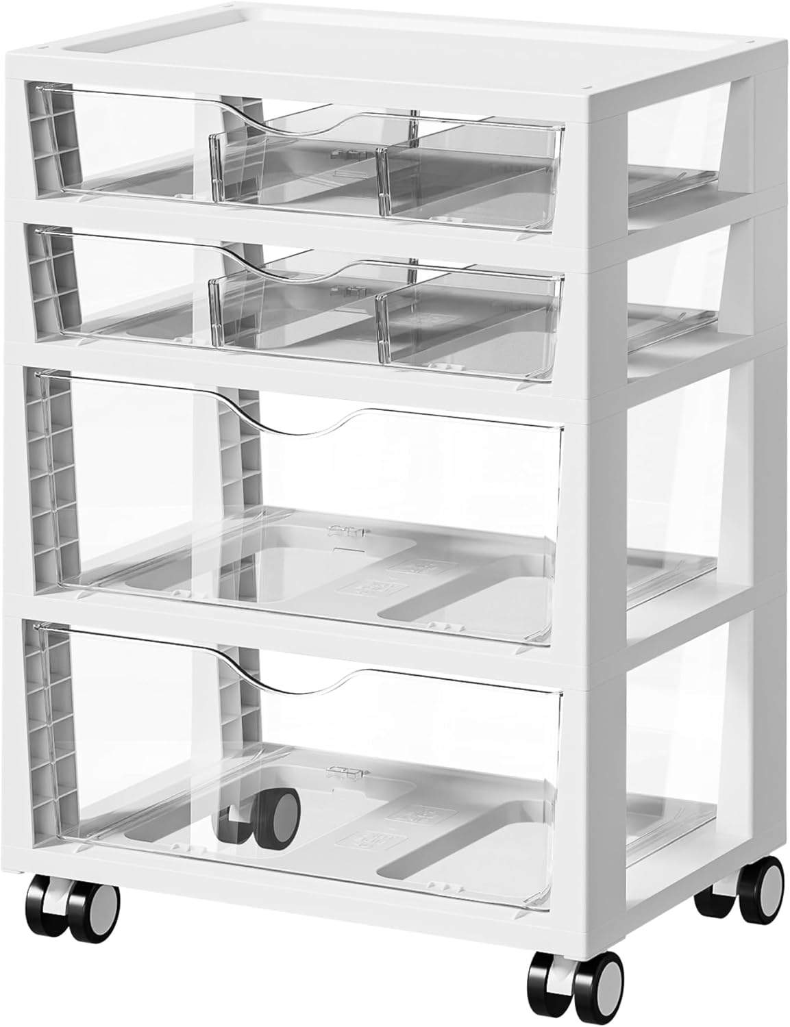 Vtopmart Plastic Drawer Storage Orangizer, 4 Tier 6 Drawers with Wheels for Office Supplies, Art Crafts, Under Desk Storage for Office, Bathroom, Dresser, 1 Pack/Clear