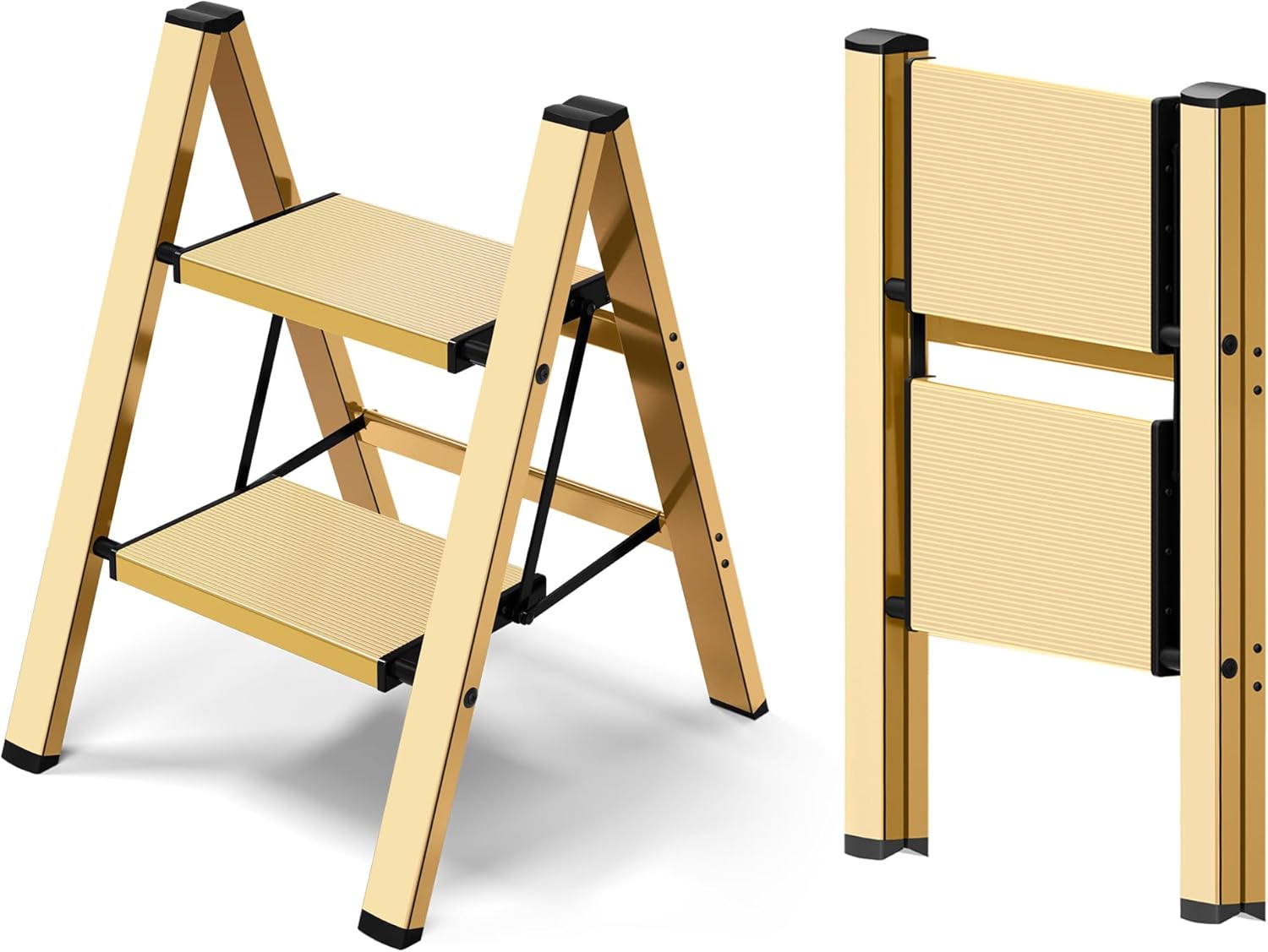 Taranta 2 Step Ladder,Aluminum Lightweight Folding 2 Step Stool with Anti-Slip Wide Pedal, 330lbs Capacity Step Ladder for Household,Kitchen,Office - BlackWoodgrain