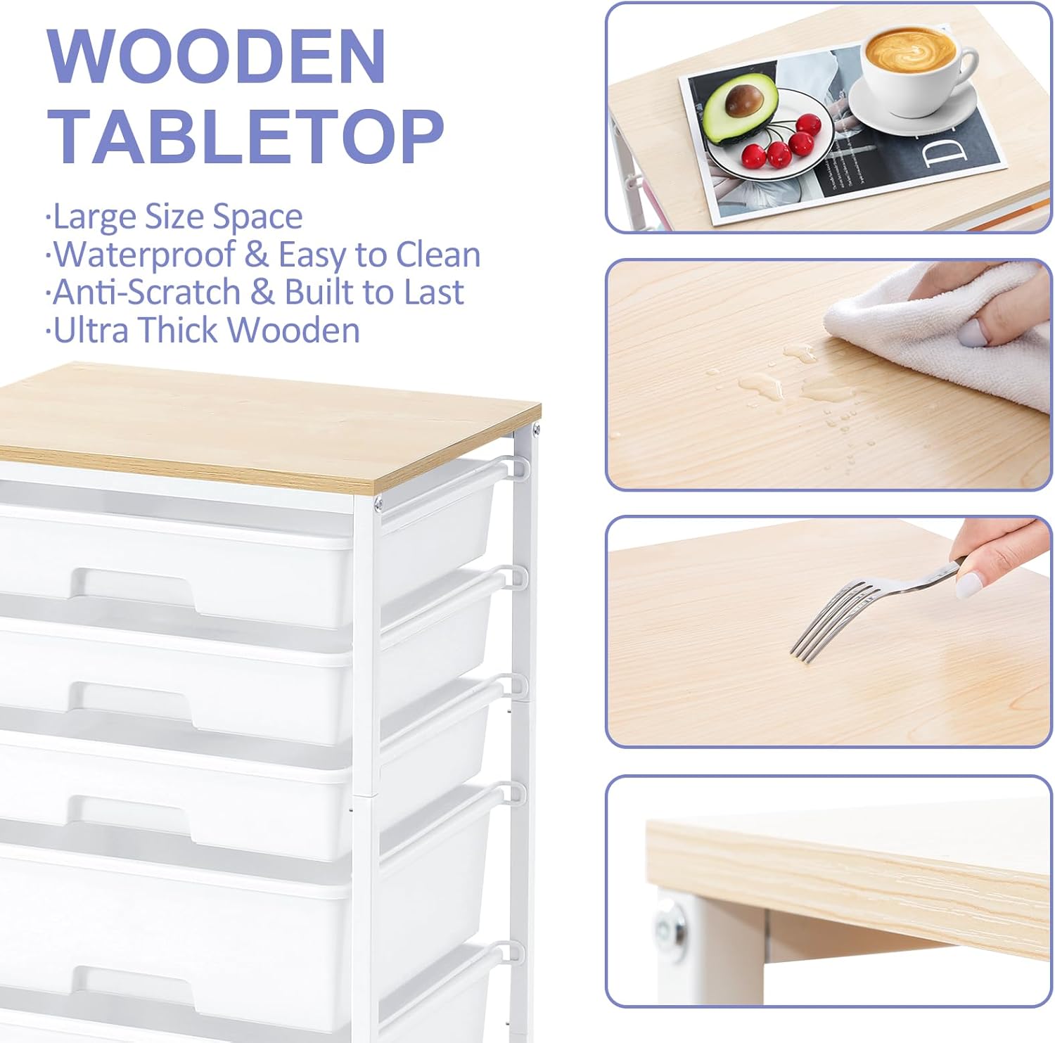 Utility Cart with 5 Drawers,Storage Drawer Cart with Wooden Tabletop and Lockable Wheels,Craft Storage Trolley Cart,5-Tier Rolling Utility Cart on Wheels,Bright White