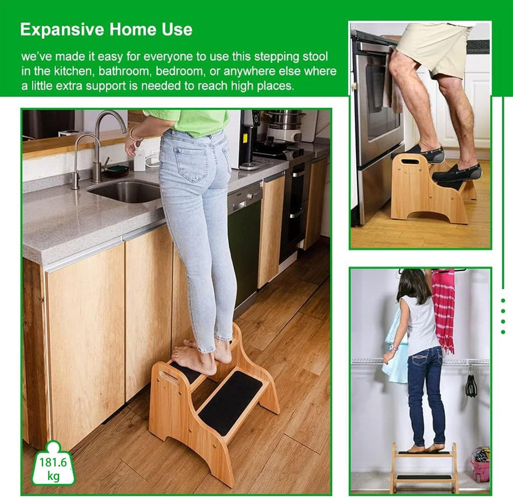 StrongTek Wooden 2 Step Stools for Kids, Safe Non-Slip Surface with Handles, 350 lbs Capacity, Portable Toddler Stepping Stool for Bathroom Kitchen and Bedroom (Natural)