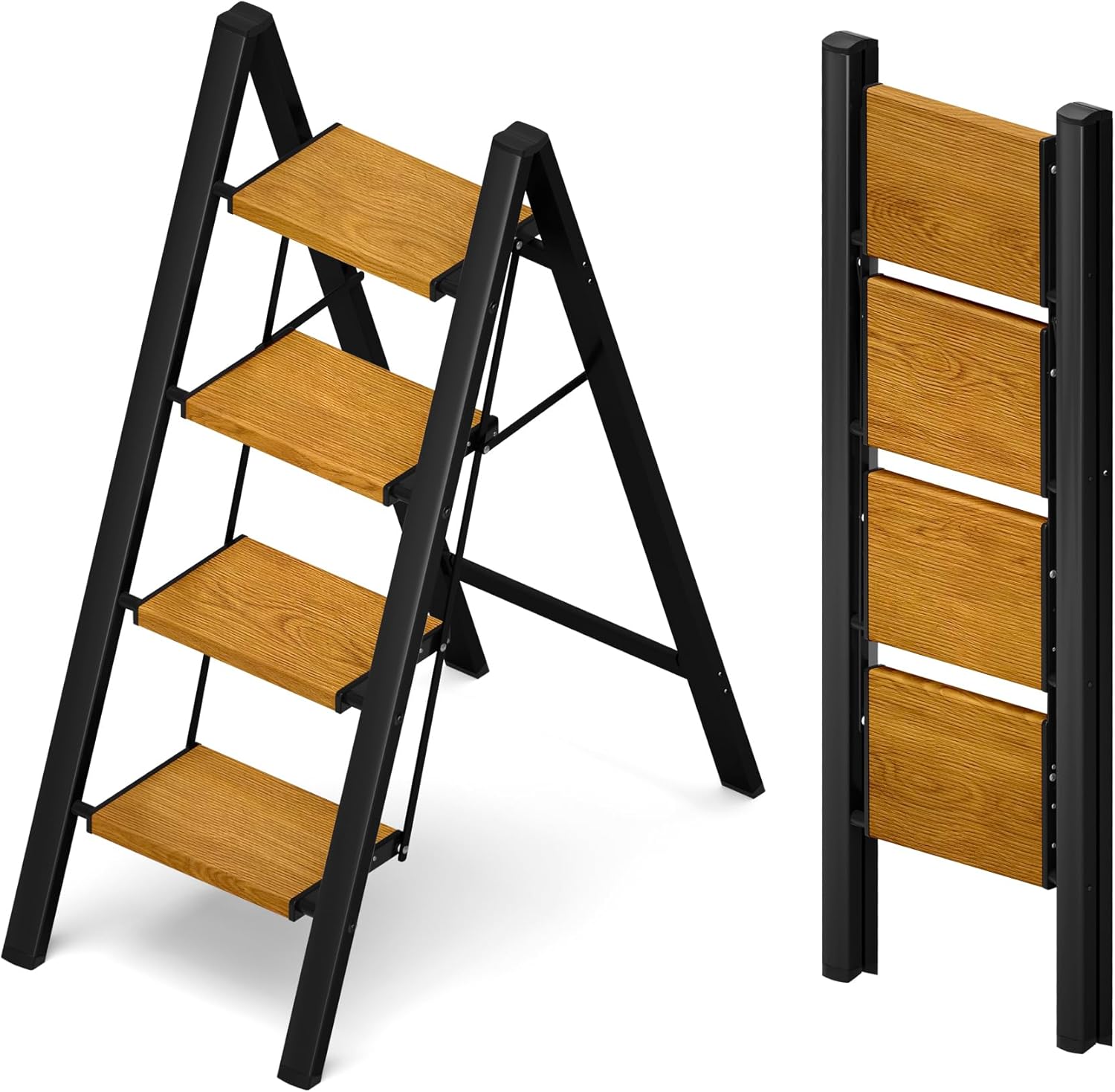 Taranta 2 Step Ladder,Aluminum Lightweight Folding 2 Step Stool with Anti-Slip Wide Pedal, 330lbs Capacity Step Ladder for Household,Kitchen,Office - BlackWoodgrain