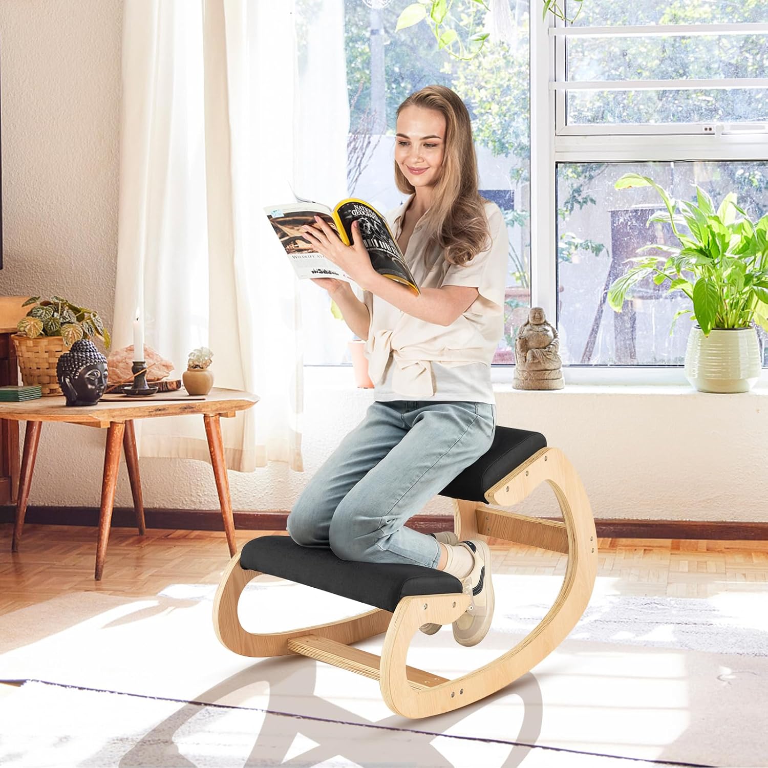 Giantex Ergonomic Kneeling Desk Chair, Rocking Knee Chair with Cushion & Solid Wood Frame, Natural Relief for Neck or Back Pain, Posture Chair for Desk, Home, Office, Max Load 330 Lbs (Beige)