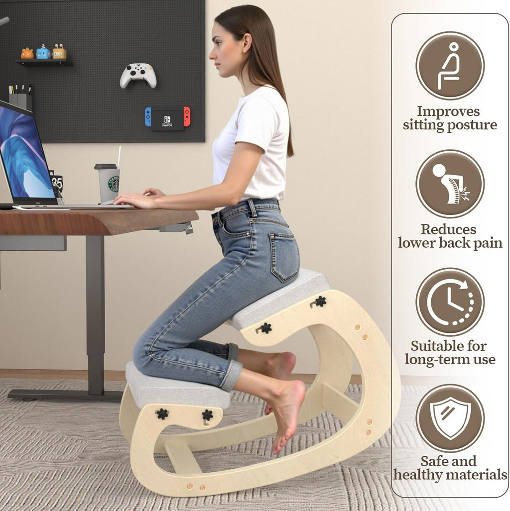 Ergonomic Kneeling Chair with Rocking Wooden Base – Adjustable Height Posture Chair, Thick Cushion & Soft Kneepad for Back & Neck Pain Relief, Ideal for Home Office