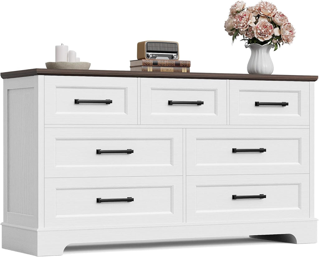 Furmax Farmhouse Dresser for Bedroom, 7 Drawers Dresser, Wood Chest of Drawers, 52" Wide Storage Dressers Organizer for Bedroom, Living Room, White and Brown