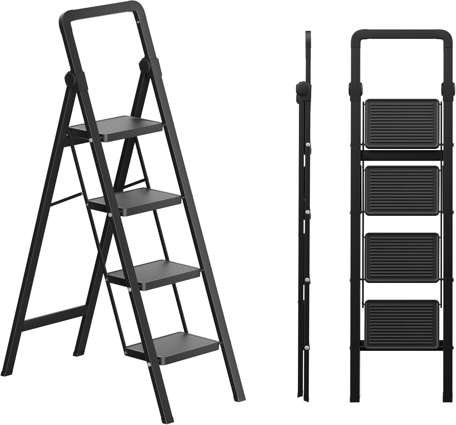 3 Step Ladder, Folding Step Stool with Anti-Slip Wide Sturdy Pedal, Multi-Use for Home and Kitchen Use, Space Saving-Woodgrain(300 lbs Capacity)