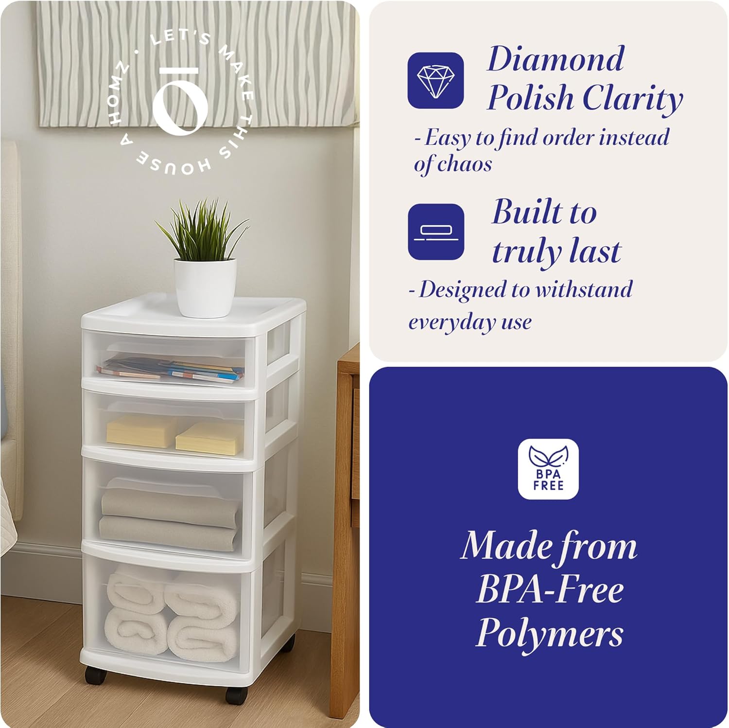 HOMZ Drawer Tower, 4-Tier Clear Plastic Storage Organizer Cart, White Frame – Rolling Containers with Wheels for Bathroom, Bedroom, Office, and Classroom Organization