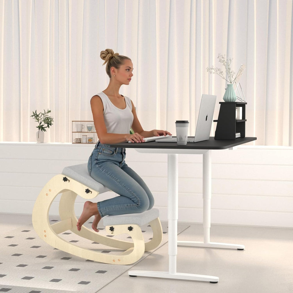 Ergonomic Kneeling Chair with Rocking Wooden Base – Adjustable Height Posture Chair, Thick Cushion & Soft Kneepad for Back & Neck Pain Relief, Ideal for Home Office