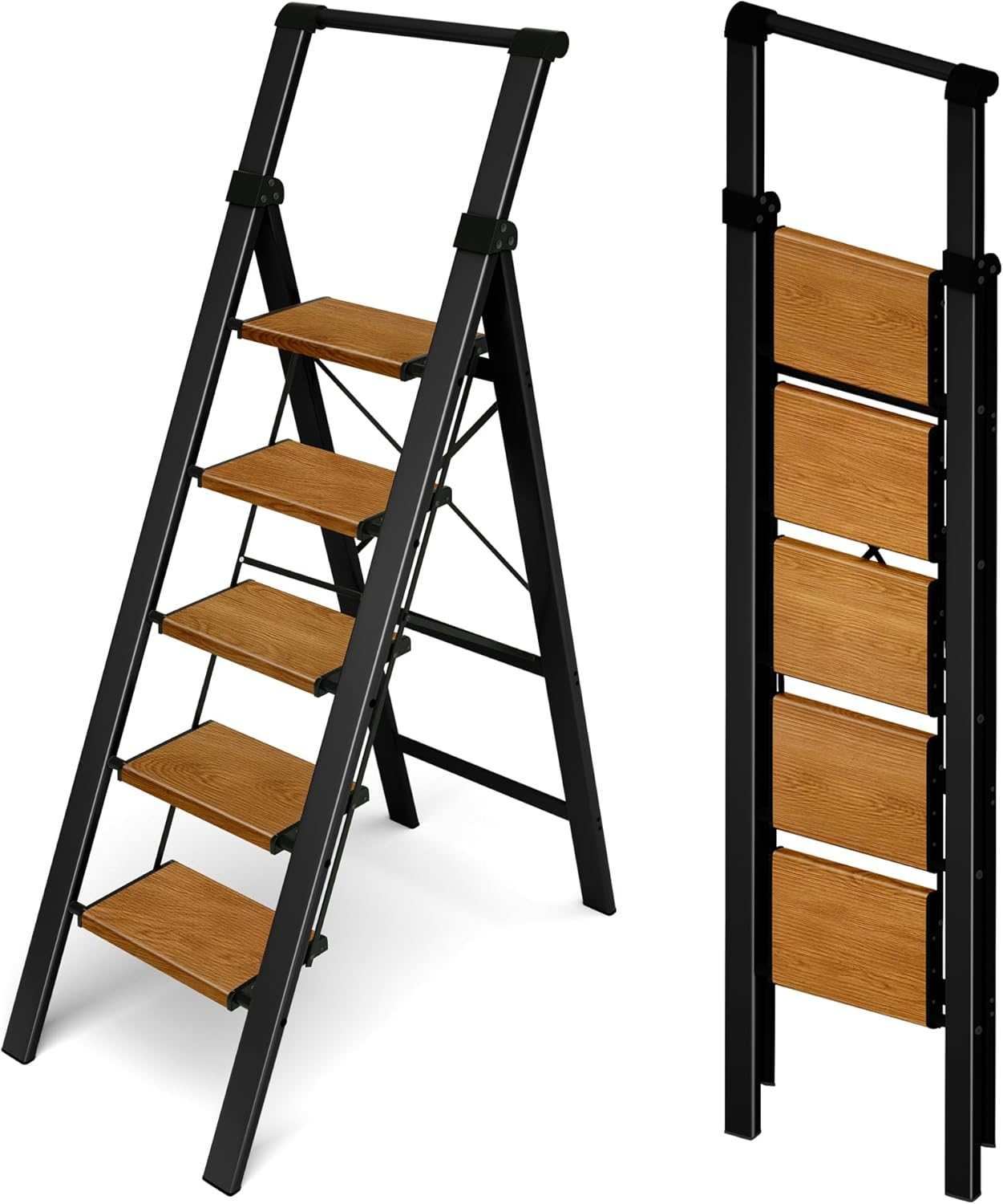 Taranta 2 Step Ladder,Aluminum Lightweight Folding 2 Step Stool with Anti-Slip Wide Pedal, 330lbs Capacity Step Ladder for Household,Kitchen,Office - BlackWoodgrain