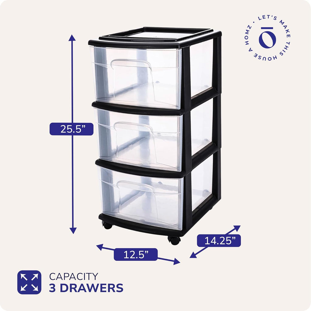 HOMZ Drawer Tower, 3-Tier Clear Plastic Storage Organizer Cart, Black Frame – Organizing Containers with Wheels for Home, Bathroom, Bedroom, Office, and Classroom