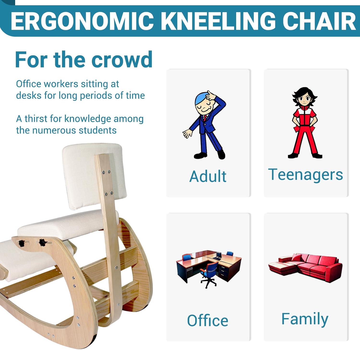 CHIESMA Ergonomic Kneeling Chair with Back Support, Adjustable Height Wooden Knee Chair - Improve Posture with an Angled Seat, with Cushion for Home,Office, Ivory